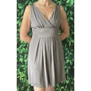 🌫️ Ann Taylor Grey Fit & Flare Dress – V-Neck, Pleated, Lined – Size S